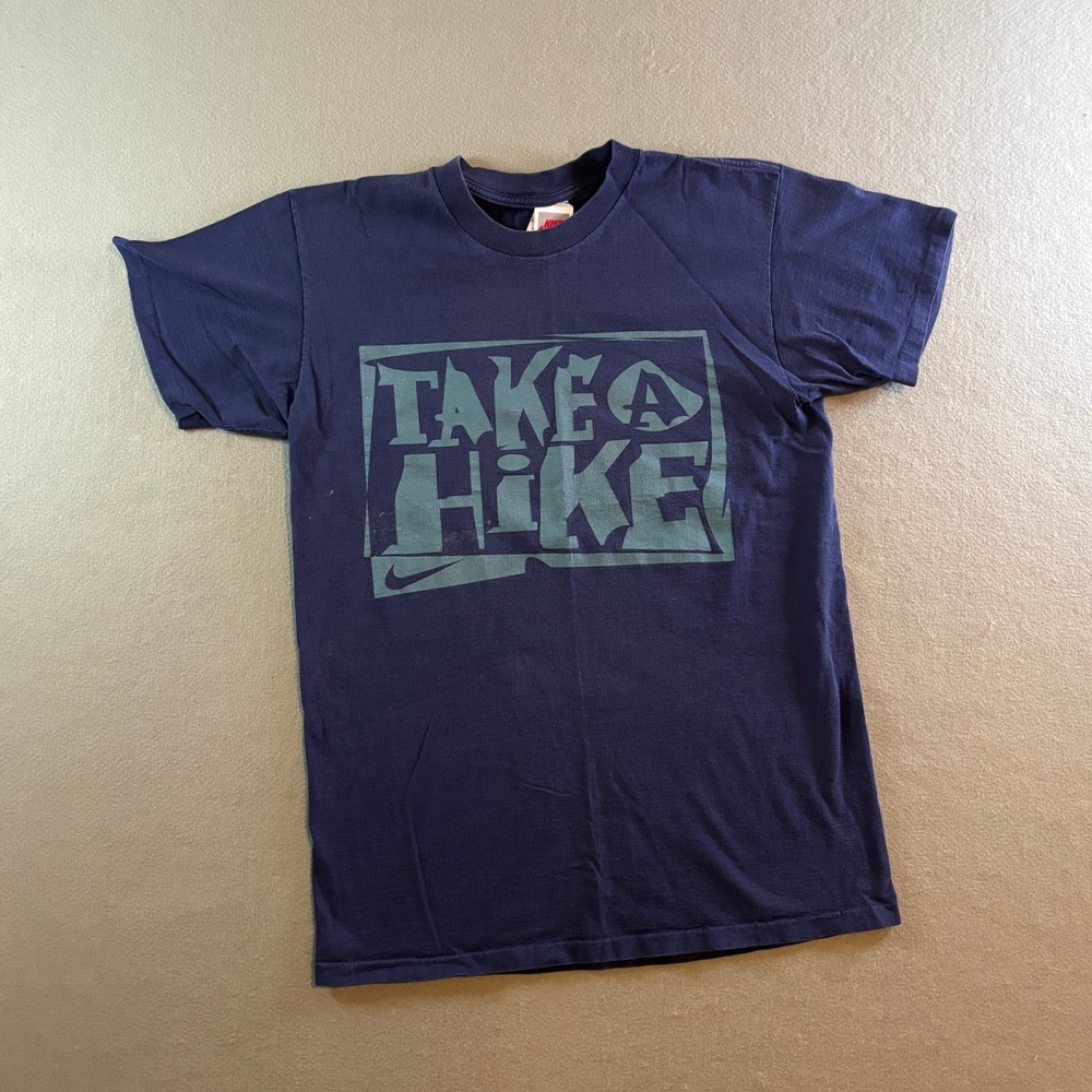 VTG 90s Nike Take A Hike T Shirt Mens M Navy Blue Made in USA Single Stitch